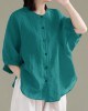 Art Red O-Neck Button Linen Loose Shirt Top Lantern Sleeve