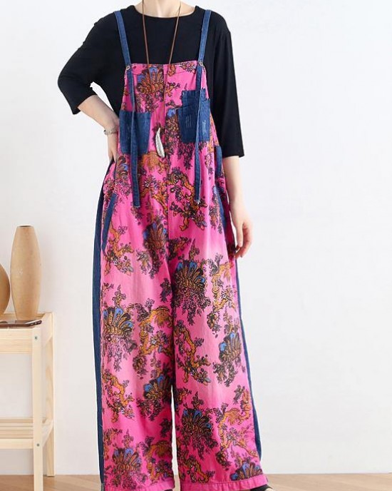 2025 retro national style rose printed loose denim overalls 2025 retro national style rose printed loose denim overalls