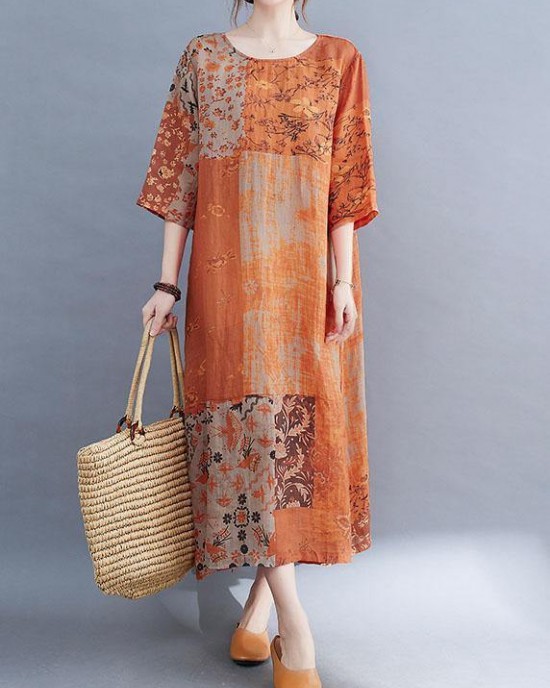Modern Color Block Loose O-Neck Print Summer Side Open Dress Half Sleeve Modern Color Block Loose O-Neck Print Summer Side Open Dress Half Sleeve