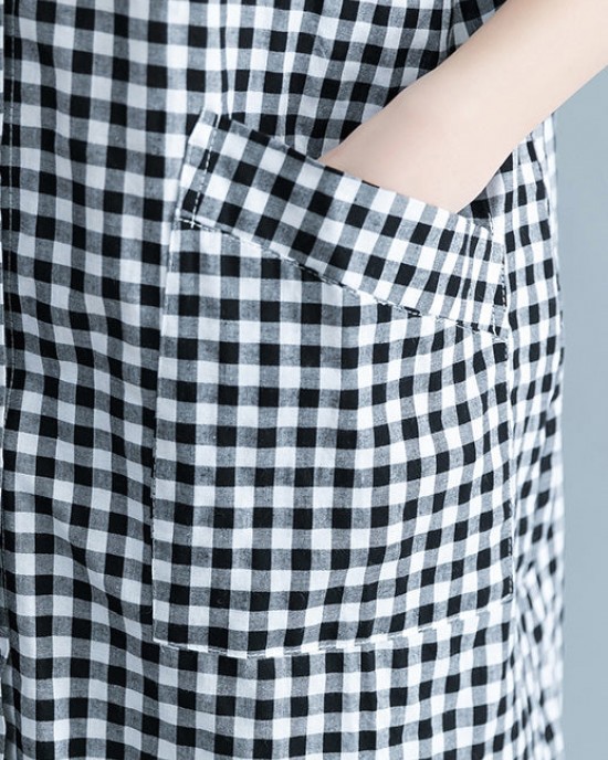 Unique black white plaid cotton linen shirts women stylish lapel pockets oversized Summer shirts Unique black white plaid cotton linen shirts women stylish lapel pockets oversized Summer shirts