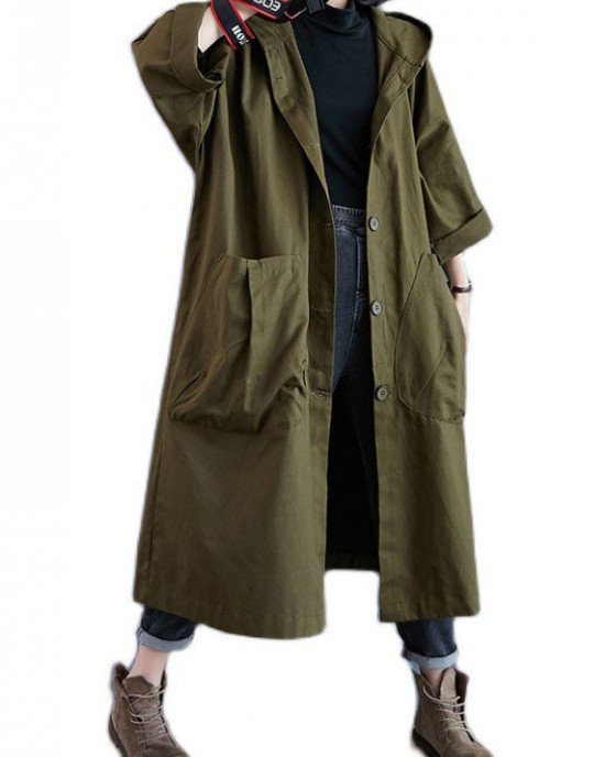 Elegant Army Green Pockets Button Fall Hooded Long sleeve Trench Coats Elegant Army Green Pockets Button Fall Hooded Long sleeve Trench Coats