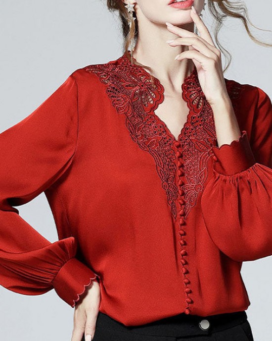 Elegant Red V Neck button Embroideried Patchwork Silk Shirt Top Spring Elegant Red V Neck button Embroideried Patchwork Silk Shirt Top Spring