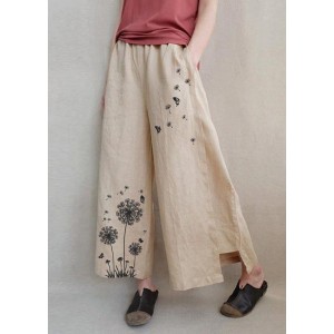 Handmade Khaki Print Dandelion Wide Leg Pants Summer Cotton Linen