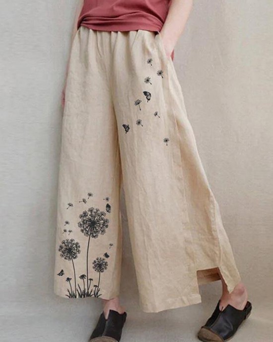 Handmade Khaki Print Dandelion Wide Leg Pants Summer Cotton Linen Handmade Khaki Print Dandelion Wide Leg Pants Summer Cotton Linen
