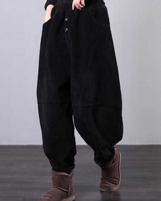 Unique black trousers oversized fall Corduroy pockets Cotton women trousers Unique black trousers oversized fall Corduroy pockets Cotton women trousers