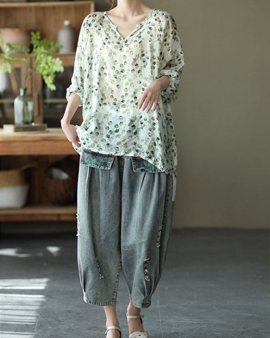 Stylish Green V Neck Print Fall Tops Long sleeve Stylish Green V Neck Print Fall Tops Long sleeve