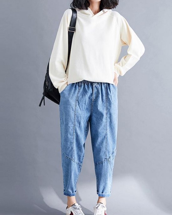 Classy Spring Women Pants Fashion Denim Blue Photography Elastic Waist Patchwork Pant Classy Spring Women Pants Fashion Denim Blue Photography Elastic Waist Patchwork Pant