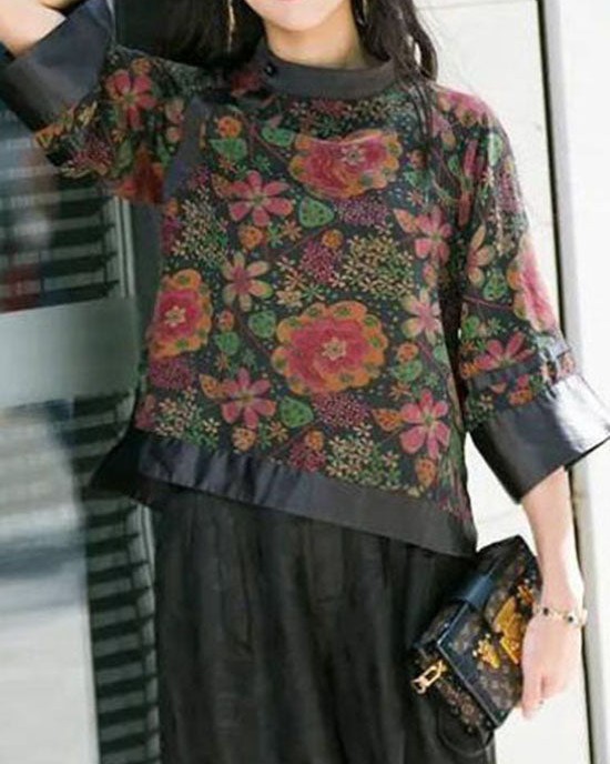 Modern black Stand Collar button print Patchwork Silk tops Spring Modern black Stand Collar button print Patchwork Silk tops Spring