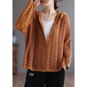 Organic Caramel Loose hooded Casual Button Fall Knit Knit Sweater