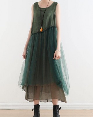 Art Green Patchwork Cotton Summer Dresses