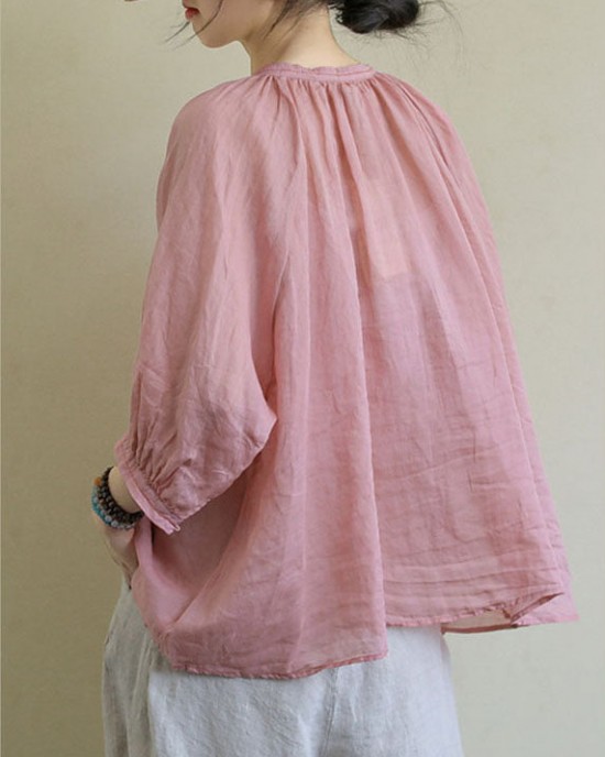 Italian Pink V Neck Button Loose Fall Half Sleeve Blouse Top Italian Pink V Neck Button Loose Fall Half Sleeve Blouse Top