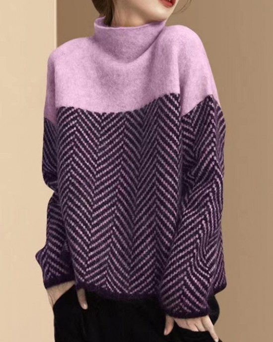 Fashion Khaki Turtle Neck Patchwork Knit Pullover Winter Fashion Khaki Turtle Neck Patchwork Knit Pullover Winter
