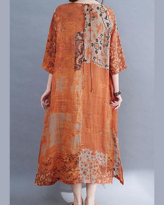 Modern Color Block Loose O-Neck Print Summer Side Open Dress Half Sleeve Modern Color Block Loose O-Neck Print Summer Side Open Dress Half Sleeve