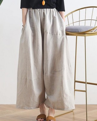 20 summer stitching thin women's new cotton and linen nude wide-leg pants