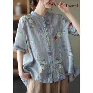 Elegant Blue Stand Collar Print Tops Half Sleeve