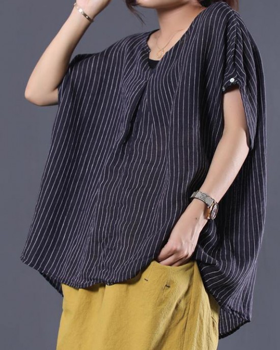 Beautiful blue striped linen clothes For Women v neck baggy summer top Beautiful blue striped linen clothes For Women v neck baggy summer top