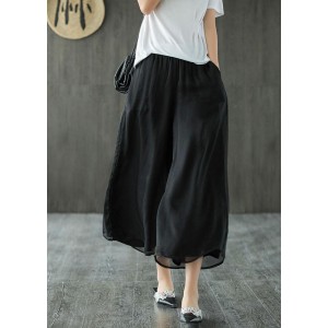 Handmade Black Elastic Waist Retro Wide Leg Crop Pants