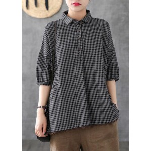 Italian Dark Grey Linen Plaid Summer Patchwork Half Sleeve