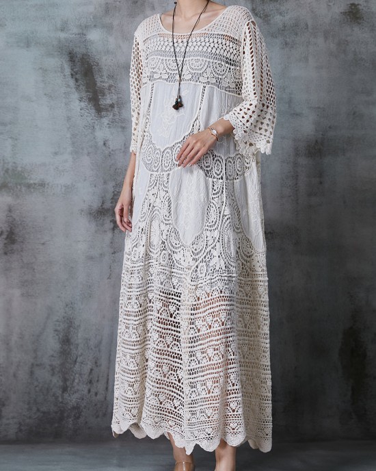 Women White Oversized Hollow Out Lace Long Dress Summer Women White Oversized Hollow Out Lace Long Dress Summer