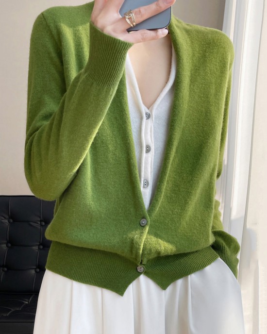 Women Green V Neck Button Patchwork Wool Knit Top Fall Women Green V Neck Button Patchwork Wool Knit Top Fall