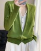 Women Green V Neck Button Patchwork Wool Knit Top Fall Women Green V Neck Button Patchwork Wool Knit Top Fall