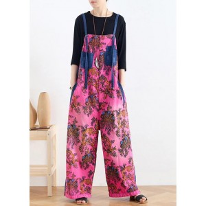 2025 retro national style rose printed loose denim overalls