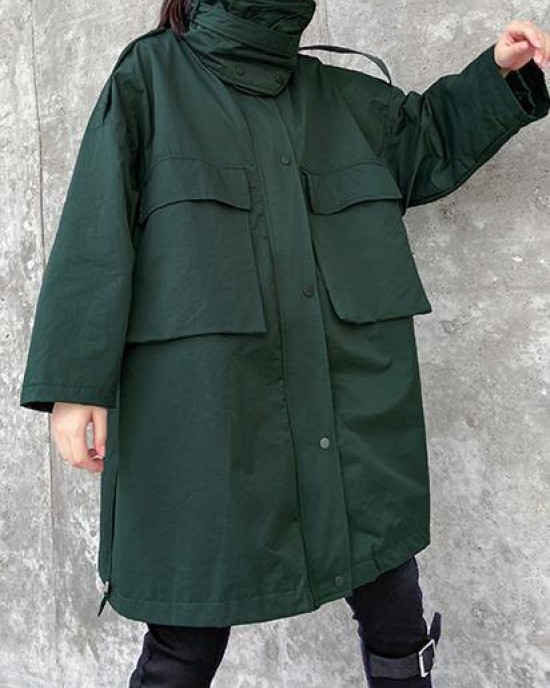 Art stand collar pockets fine clothes For Women army green Knee jackets Art stand collar pockets fine clothes For Women army green Knee jackets