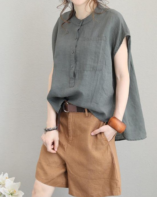 Unique o neck linen tops women blouses low high design Plus Size Clothing gray green shirt Unique o neck linen tops women blouses low high design Plus Size Clothing gray green shirt