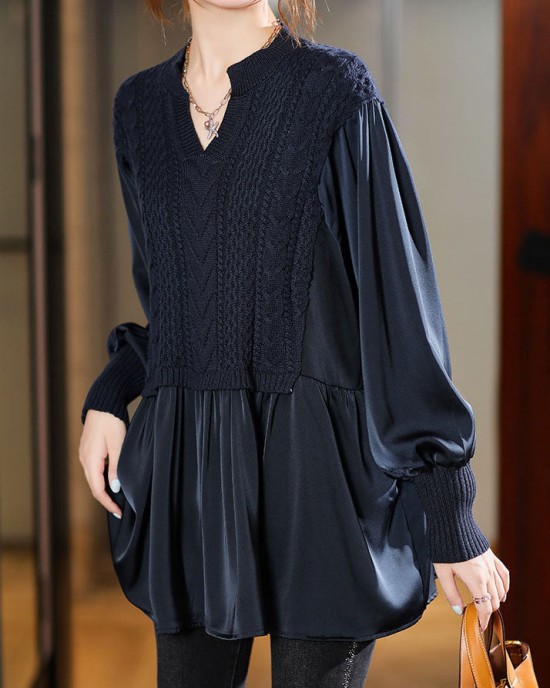 Navy Knit Blouses Puff Sleeve Winter Top Navy Knit Blouses Puff Sleeve Winter Top