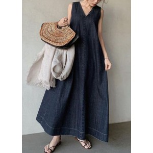 Bohemian Navy V Neck Cold Shoulder Cotton Denim Dress Sleeveless