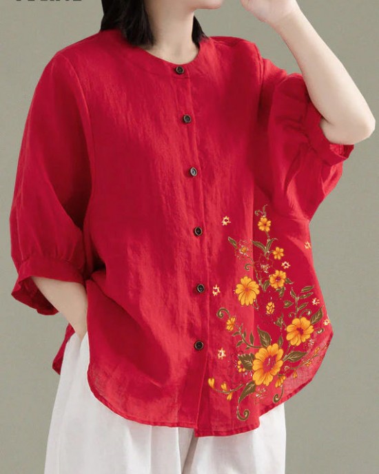 Art Red O-Neck Button Linen Loose Shirt Top Lantern Sleeve