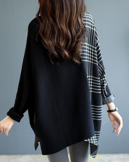 Italian Black asymmetrical design Patchwork Plaid Fall Knit sweaters Italian Black asymmetrical design Patchwork Plaid Fall Knit sweaters