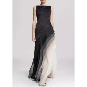 French Black High Waist Patchwork Tulle Maxi Dresses Sleeveless