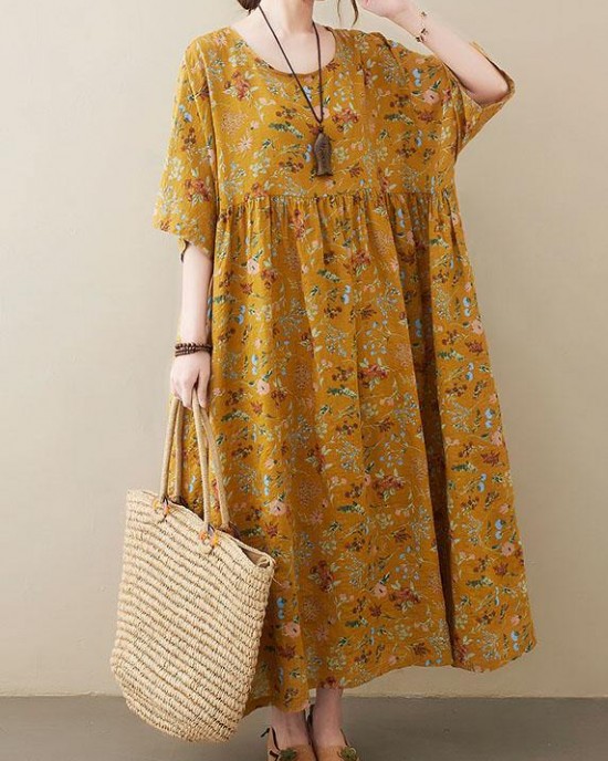 Natural light Yellow O-Neck Pockets Print Summer Sundress Natural light Yellow O-Neck Pockets Print Summer Sundress