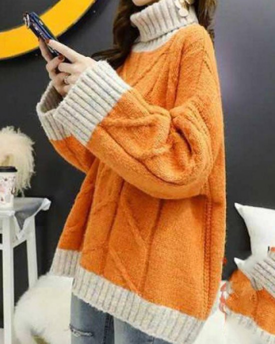 Plus Size Orange Turtle Neck Patchwork Knit Knitted Tops Winter Plus Size Orange Turtle Neck Patchwork Knit Knitted Tops Winter