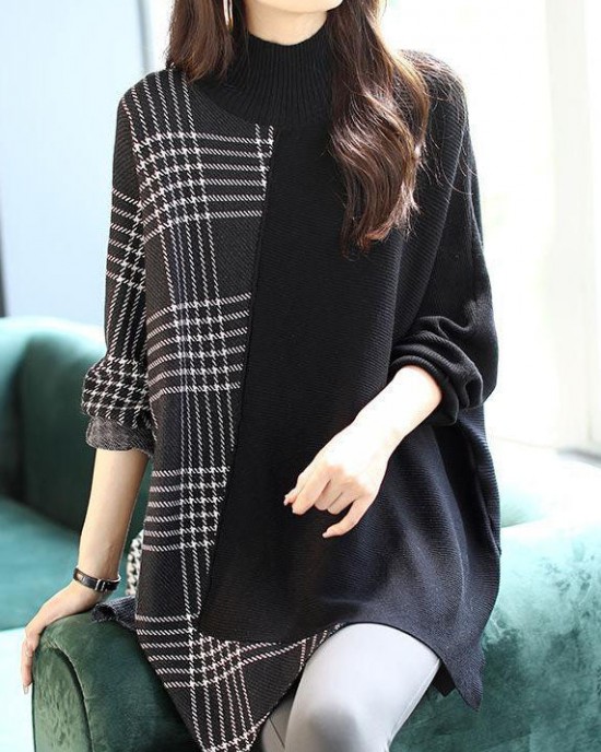 Italian Black asymmetrical design Patchwork Plaid Fall Knit sweaters Italian Black asymmetrical design Patchwork Plaid Fall Knit sweaters