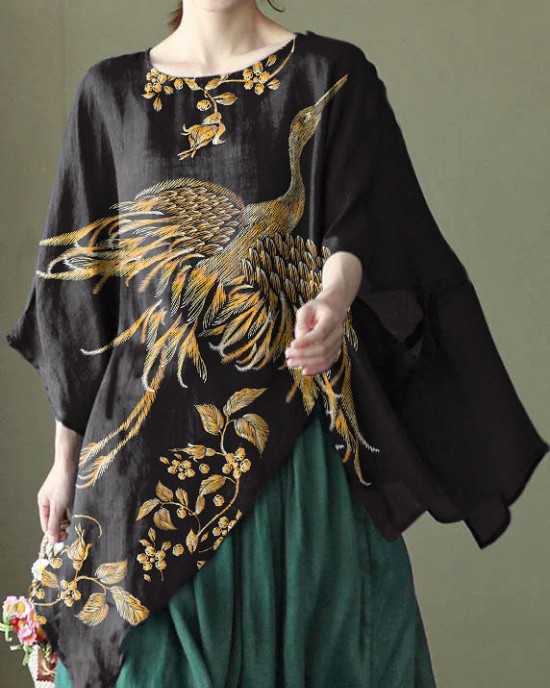 Art Black Asymmetrical Design Embroideried Summer Ramie Shirt Tops Art Black Asymmetrical Design Embroideried Summer Ramie Shirt Tops