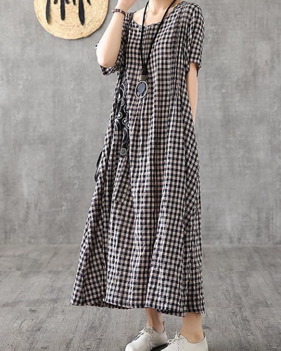 Vivid patchwork linen quilting dresses Runway black plaid Dresses summer Vivid patchwork linen quilting dresses Runway black plaid Dresses summer