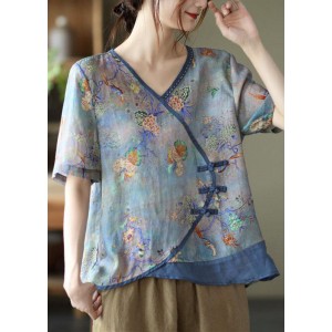 Simple Blue Print Ramie Oriental Summer Tops