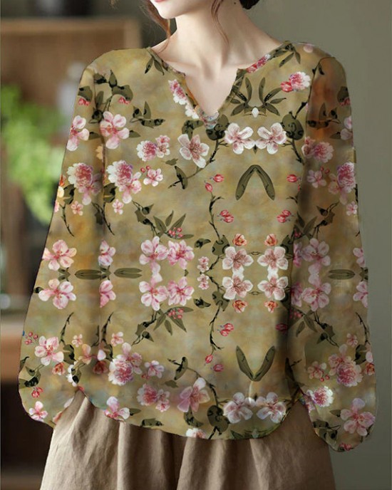 Handmade Apricot V Neck Casual Floral Fall Blouse Long sleeve Handmade Apricot V Neck Casual Floral Fall Blouse Long sleeve