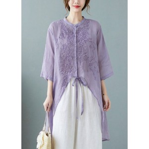 Purple Button Pockets Linen Tops Half Sleeve