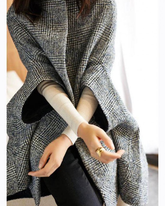 Fine Grey Plaid O-Neck Button Fall Woolen Three Quarter sleeve parka Fine Grey Plaid O-Neck Button Fall Woolen Three Quarter sleeve parka