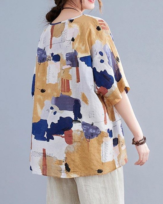 Simple Yellow Print Cotton Linen Shirt Top Summer Simple Yellow Print Cotton Linen Shirt Top Summer