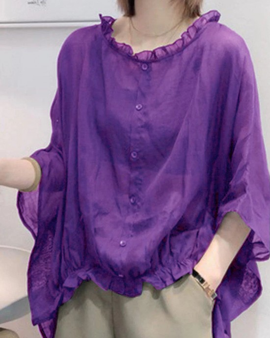 Art Navy Tops Ruffles Trim Half Sleeve Shirts Blouse Plus Size