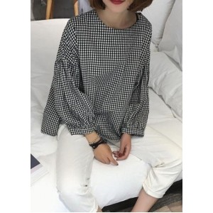 French Plaid Cotton Women Fine Sewing Asymmetric Plus Size Clothing Blouse