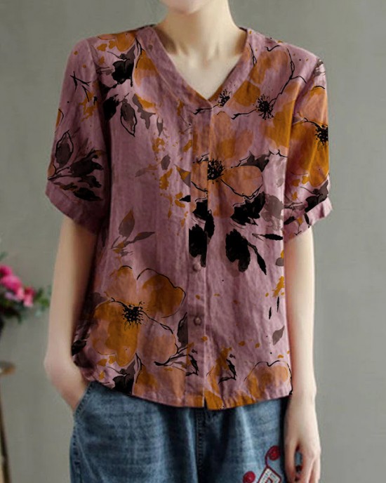 Loose Pink V Neck Embroideried Floral Summer Linen Shirt Loose Pink V Neck Embroideried Floral Summer Linen Shirt