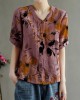 Loose Pink V Neck Embroideried Floral Summer Linen Shirt Loose Pink V Neck Embroideried Floral Summer Linen Shirt