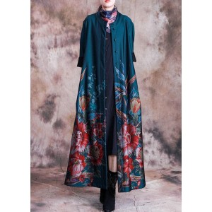 women green print Coat Women Loose fitting long fall coats Button Down