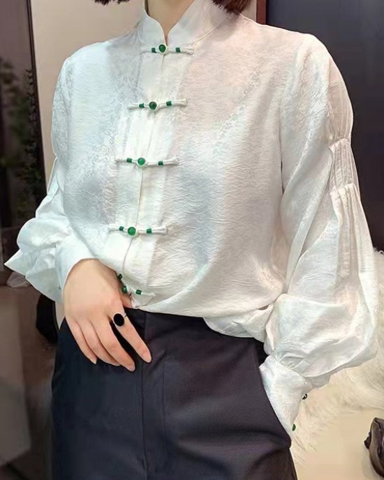 Chinese Style White Stand Collar Button Jacquard Silk Blouse Tops lantern sleeve Chinese Style White Stand Collar Button Jacquard Silk Blouse Tops lantern sleeve