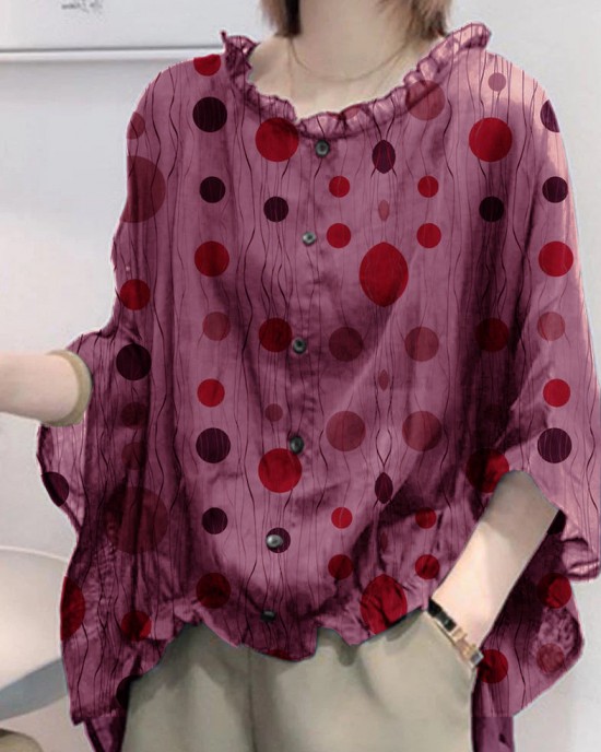 Art Navy Tops Ruffles Trim Half Sleeve Shirts Blouse Plus Size